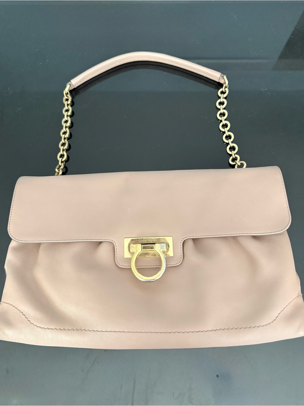 Salvatore Ferragamo Blush Pink Leather Shoulder Bag with Gold Chain